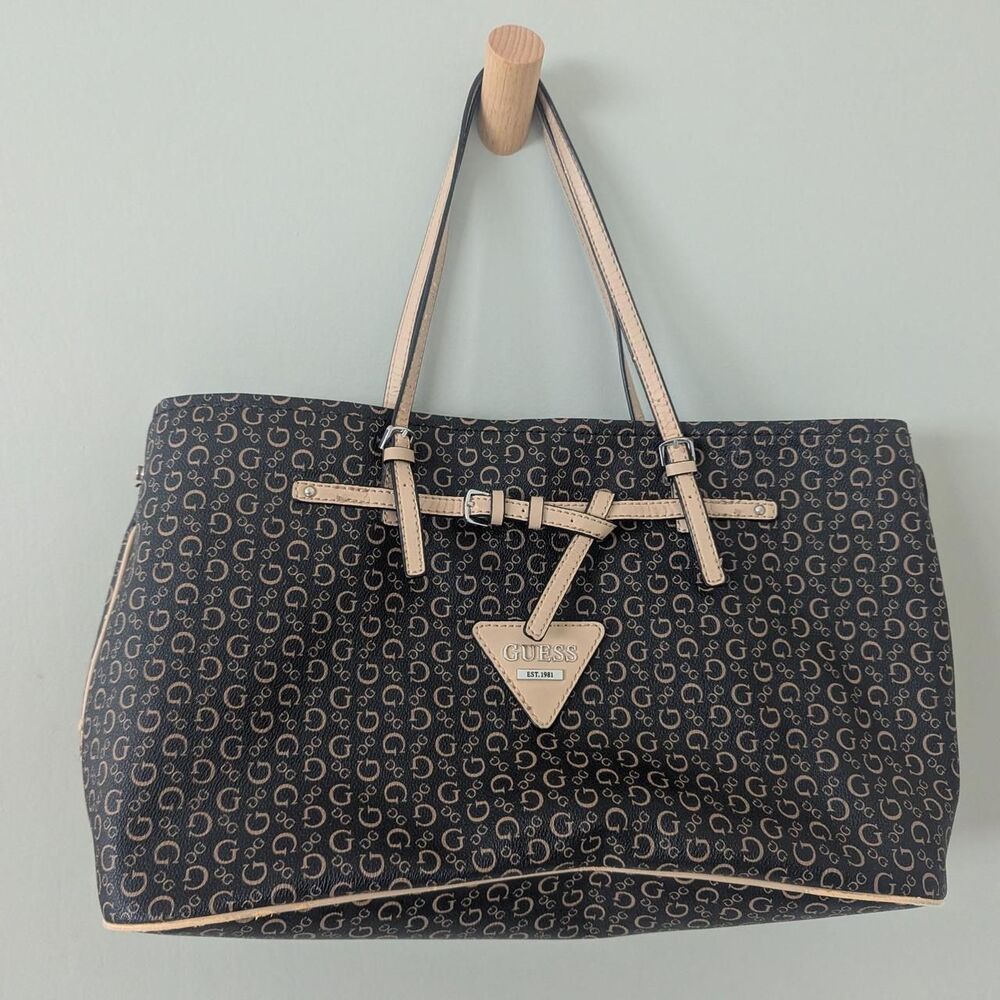 GUESS 1981 Monogram G Logo Tote Satchel Shoulder Bag Purse Brown Tan Buckle Y2K